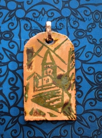 Александр Емельянов. кулон "Галата". Медь, травление, прозрачная эмаль по рельеф