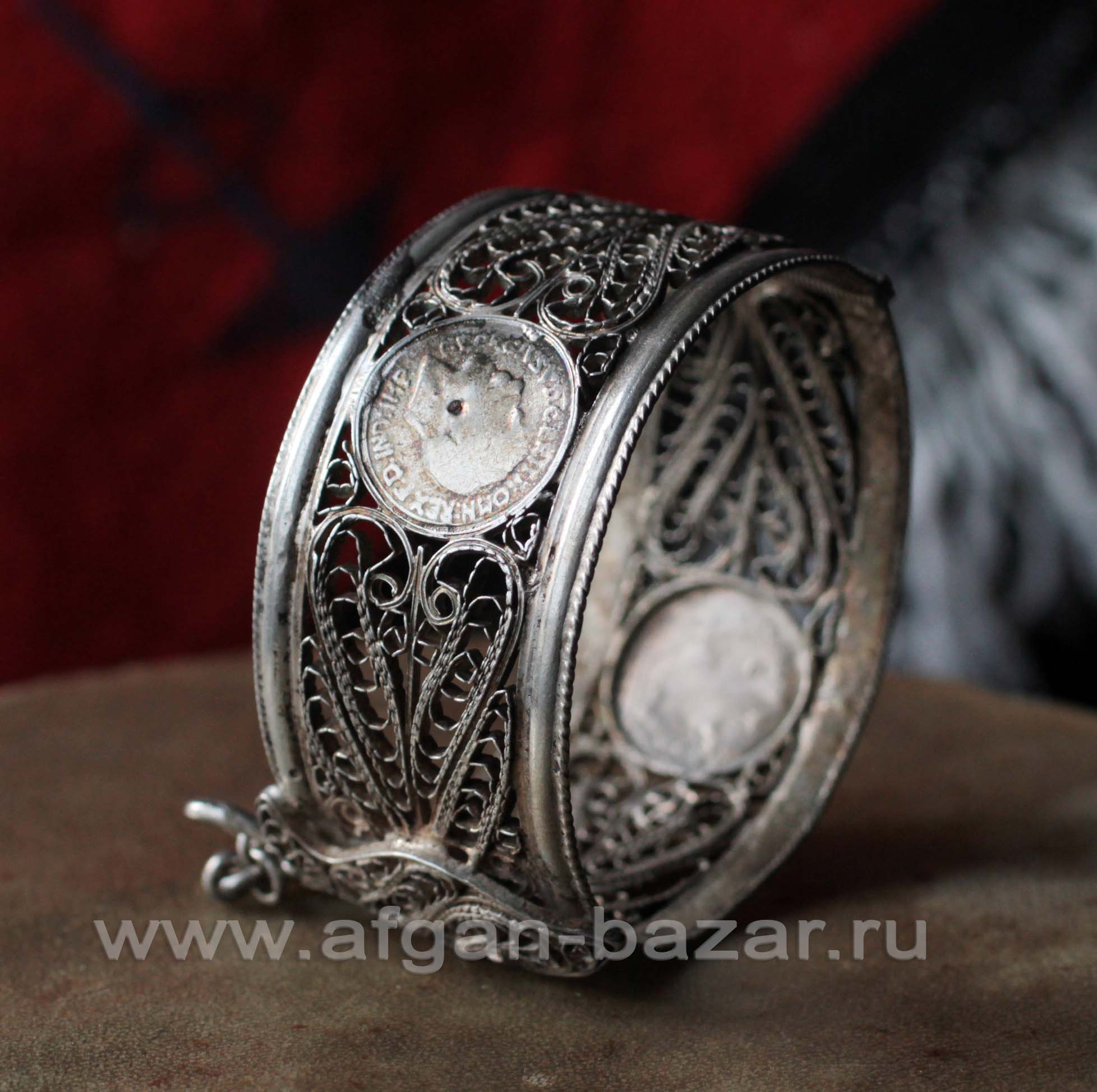 Tunisian Berber Sephardi Filigree Bracelet with stylistic image of Fish and old Coins replicas