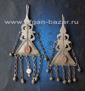 Старинные туркменские племенные серьги-височные подвески "Тенечир"