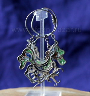 Серьги-колты (височные подвески) с витражной эмалью в виде петуха - символа Фран